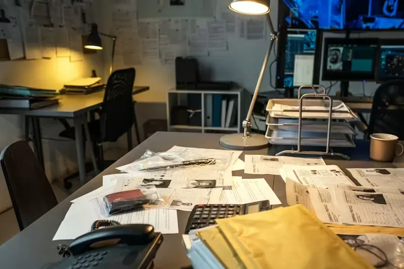 Escritorio desordenado con documentos, teléfono y datos de ventas sin organizar.